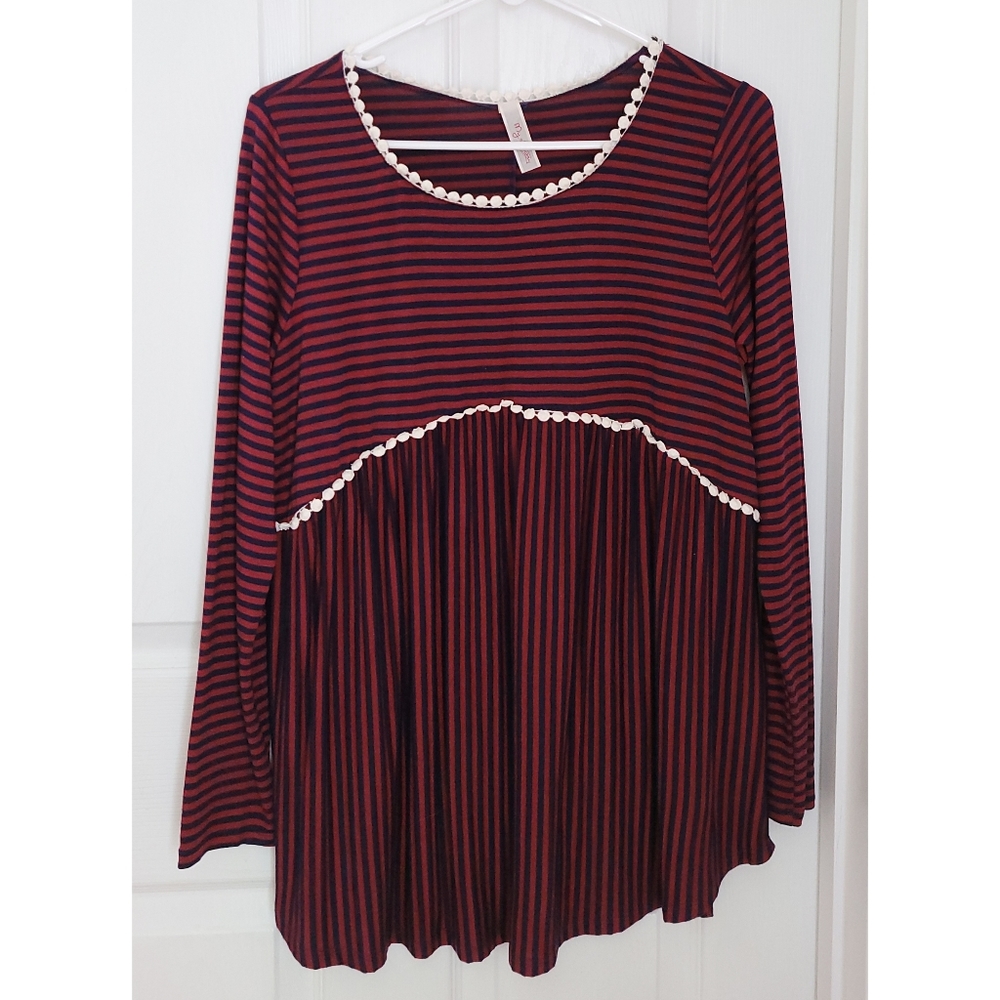 Boutique Striped Lace Trim Babydoll Top Small